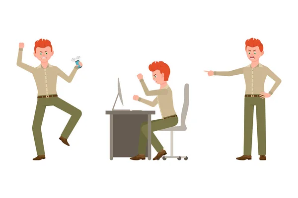 咄咄逼人 红头发的办公室工作人员在绿色裤子矢量插图 指着手指 愤怒的表人卡通人物设置在白色背景 — 图库矢量图片