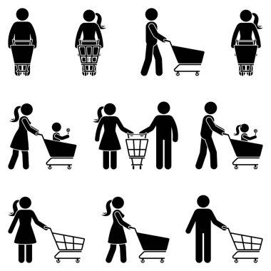 Stick rakam adam ve kadın alışveriş sepeti vektör simgesi insanlar pictogram ile. Süpermarkette mutlu aile gıda silueti satın alma