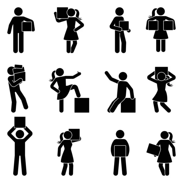 Stick Figure Carrying Box Vector Icon Pictogram Man Woman Holding — Stock Vector