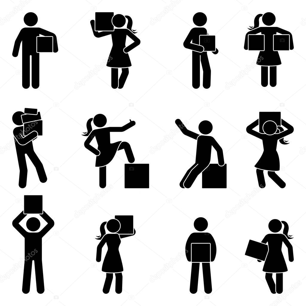 Stick figure carrying box vector icon pictogram. Man and woman holding, moving, standing with heavy weight silhouette