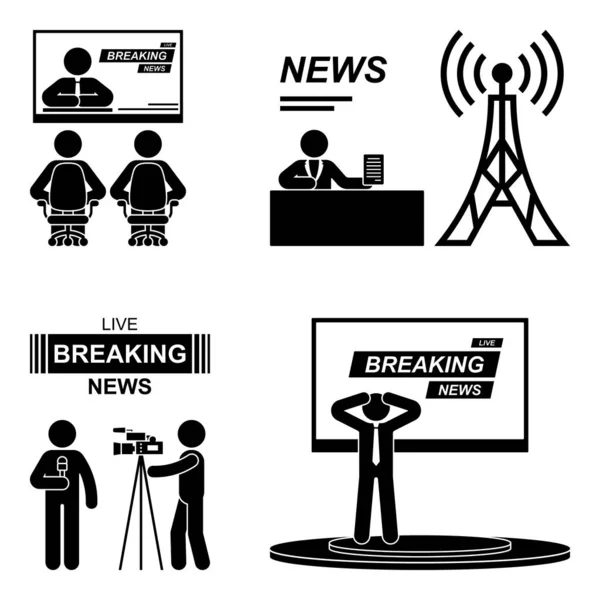 Breaking News Stick Figure Vector Icon Pictogram Journalist Camera Man — Stock Vector