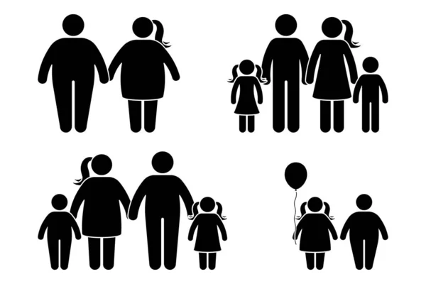 Familia Grasa Palo Figura Vector Icono Conjunto Humano Obeso Pareja — Vector de stock