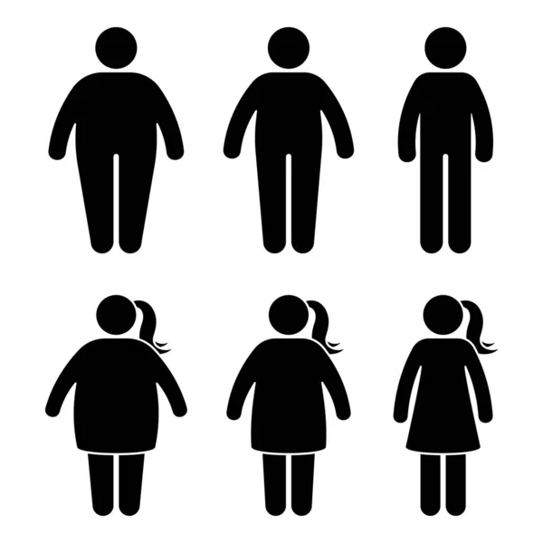 Vetstokfiguurvectoricoon Ingesteld Obese Mensen Koppelen Zwart Wit Platte Stijl Pictogram — Stockvector