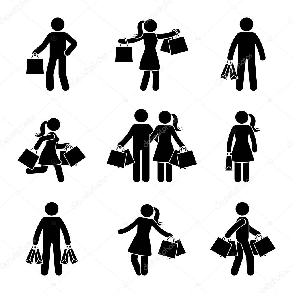 Stick figure man and woman holding shopping bags vector icon pictogram. Seasonal sale, black friday happy buyers with purchase on white background
