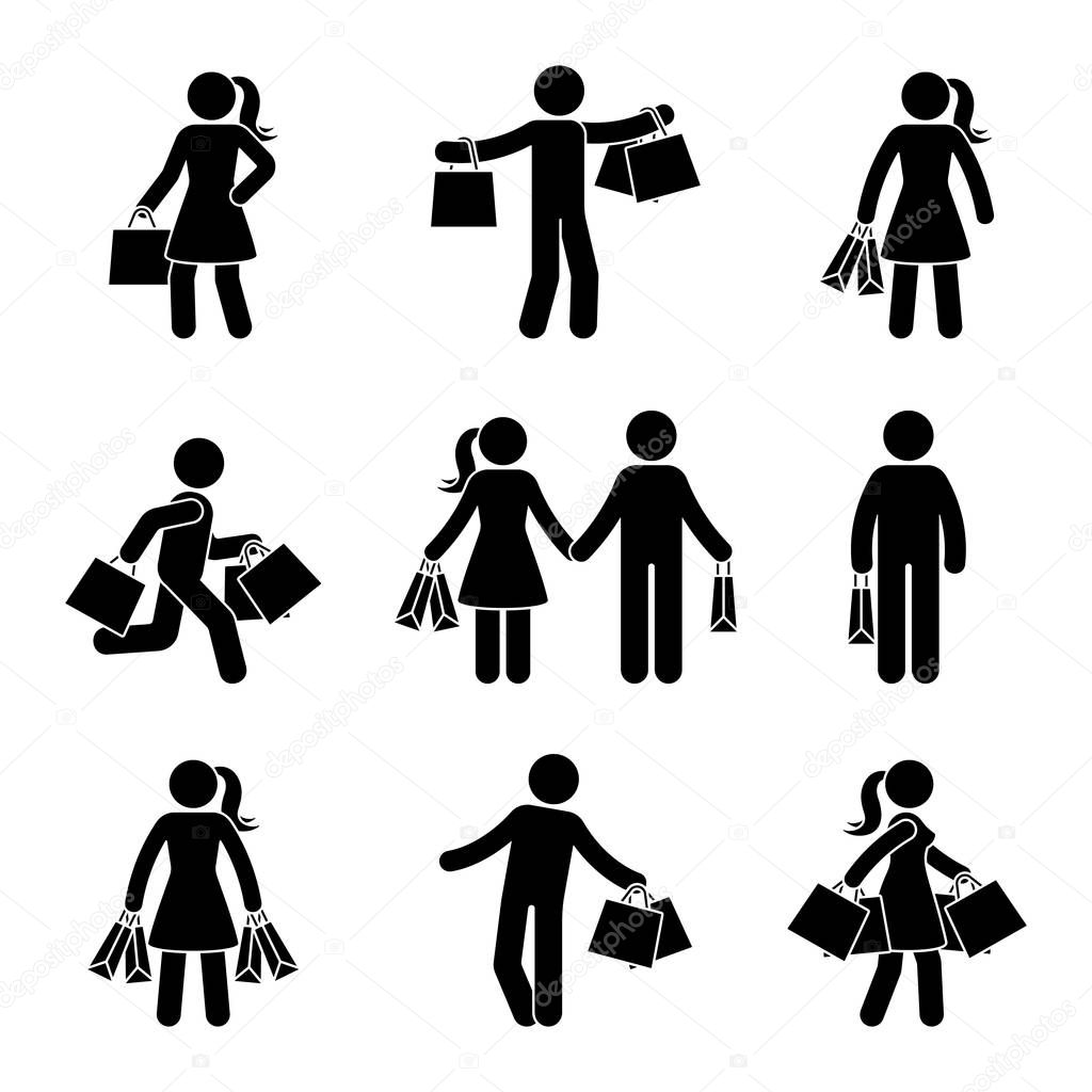 Stick figure male and female holding shopping bags vector icon pictogram. Seasonal sale, black friday happy people with purchase on white background