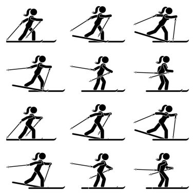 Çubuk kadın kayak sekansı ikon vektör piktogram setini gösteriyor. Kış sporcusu stickman beyaz arka planda kayak duruşu siluetinde