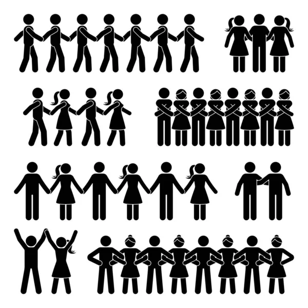 Stick Figure Chain People Holding Hands Vector Icon Pictogram Set — Stockový vektor