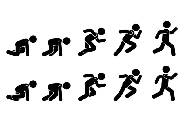 スティックフィギュアランナースプリンターシーケンスアイコンベクトルピクトグラム 低開始スピードマンサインシンボル姿勢シルエット上の白い背景 — ストックベクタ