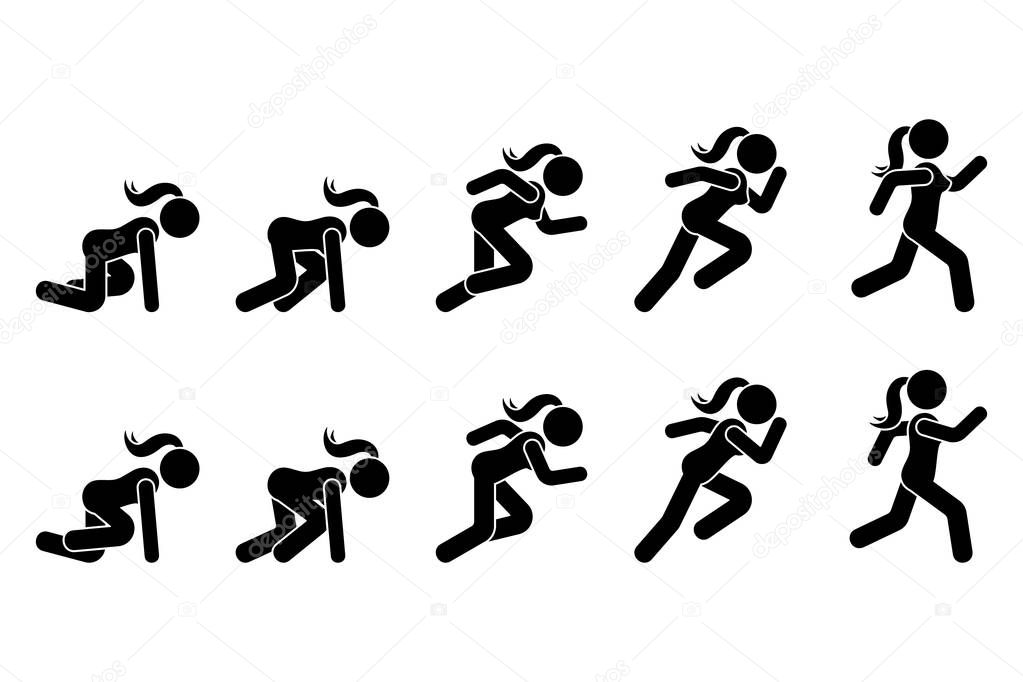 Stick figure runner sprinter sequence icon vector pictogram. Low start speeding woman sign symbol posture silhouette on white background