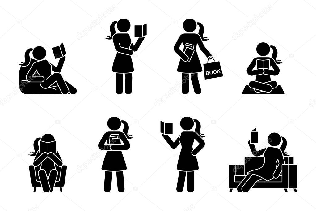 Stick figure woman reading book different poses vector icon pictogram. Student girl learning studying lesson silhouette on white background