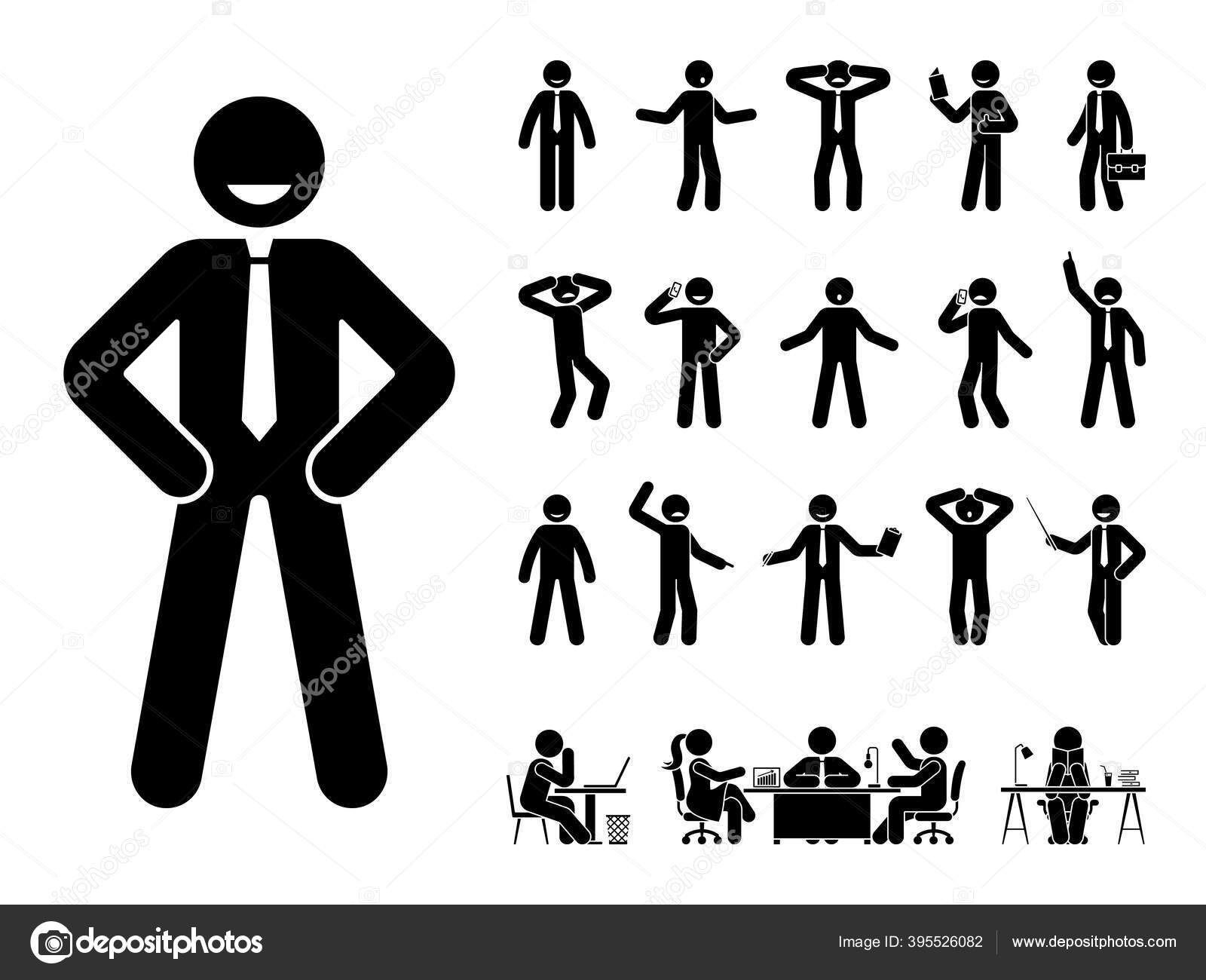Set of man drawing, different poses, stick figure people pictogram