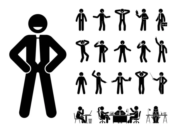 Stick Figure Office Man Standing Different Poses Design Vector Icon — Stock Vector