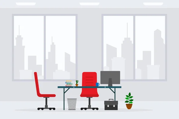 Design of modern empty business office working place front view vector illustration. Flat style table, desk, red chair, computer, desktop, briefcase, trash bin isolated on cityscape background