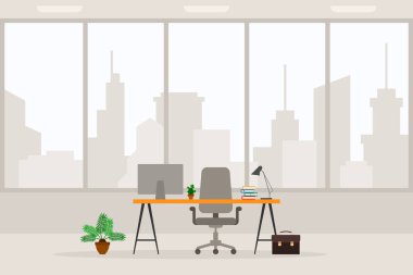 Modern boş ofis çalışma yeri ön görünüm vektör illüstrasyonunun tasarımı. Düz stil tablosu, masa, açık gri sandalye, bilgisayar, masaüstü, bitki, lamba, şehir arka planında izole edilmiş çöp kutusu