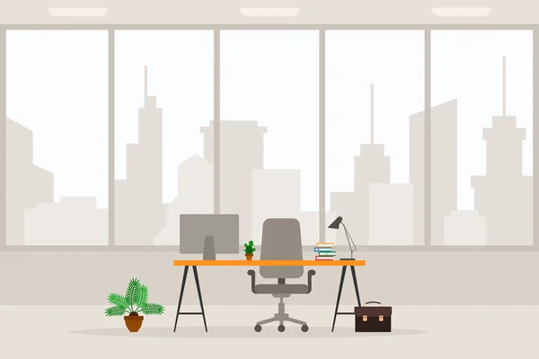 Design of modern empty office working place front view vector illustration. Flat style table, desk, light gray chair, computer, desktop, plant, lamp, trash bin isolated on cityscape background