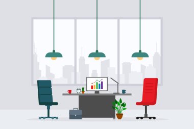 Modern boş ofis çalışma yeri ön görünüm vektör illüstrasyonunun tasarımı. Düz stil tablo, masa, sandalye, bilgisayar, masaüstü, bitki, lamba, çanta şehir zemininde izole edilmiş.