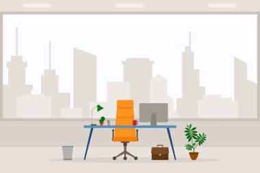 Modern boş ofis çalışma yeri ön görünüm vektör illüstrasyonunun tasarımı. Düz stil tablo, masa, turuncu sandalye, bilgisayar, masaüstü, lamba, çöp tenekesi şehrin arka planında izole edilmiş