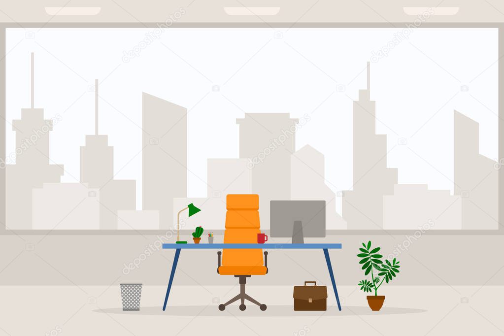 Design of modern empty office working place front view vector illustration. Flat style table, desk, orange chair, computer, desktop, lamp, trash bin isolated on cityscape background