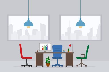 Modern boş ofis çalışma yeri ön görünüm vektör illüstrasyonunun tasarımı. Düz stil tablo, masa, mavi sandalye, bilgisayar, masaüstü, bitki, lamba şehrin arka planında izole edilmiş