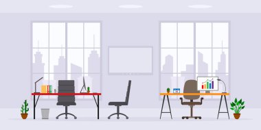 Modern boş ofis işi tasarımı ön görünüm vektör illüstrasyonu. Düz stil tablo, masa, sandalye, bilgisayar, masaüstü, pencere gökdelen arkaplanında izole edilmiş