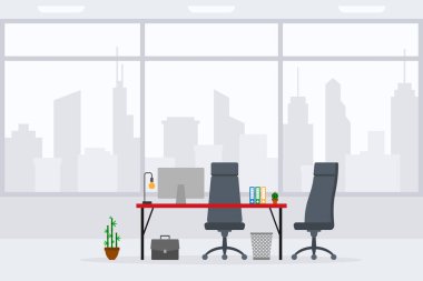Modern boş ofis çalışma alanı ön, yan görüş vektör illüstrasyonunun tasarımı. Düz stil tablosu, masa, gri sandalye, bilgisayar, masaüstü, bitki, çöp kutusu şehir planında izole edilmiş