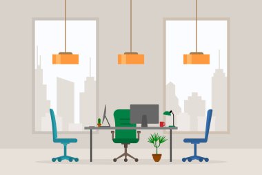 Modern boş ofis çalışma yeri ön görünüm vektör illüstrasyonunun tasarımı. Düz stil tablo, masa, yeşil sandalye, bilgisayar, masaüstü, bitki, lamba şehrin arka planında izole edilmiş