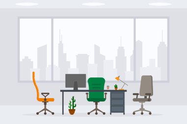 Modern boş ofis çalışma yeri ön görünüm vektör illüstrasyonunun tasarımı. Düz stil tablo, masa, sandalye, bilgisayar, masaüstü, bitki, lamba, kaktüs şehir zemininde izole edilmiş.