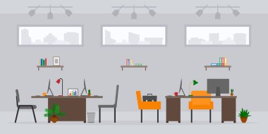 Modern boş ofis işi tasarımı ön görünüm vektör illüstrasyonu. Çizgi film masası, masa, sandalye, bilgisayar, bina, masaüstü, lamba, bitki şehrin arka planında izole edilmiş.