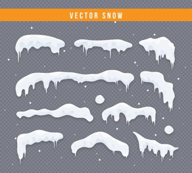 Kar kapaklar, kartopu ve snowdrifts ayarlayın. Kar cap vektör toplama. Kış dekorasyon öğesi. Karlı öğeleri kış arka plan üzerinde. Çizgi film şablonu. Kar yağışı ve hareketli kar taneleri. İllüstrasyon.
