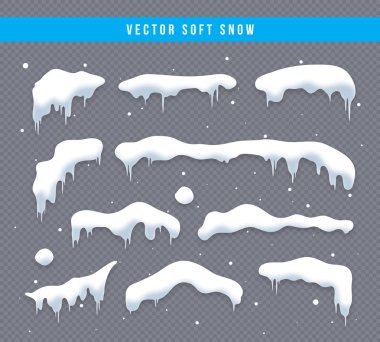 Snow caps, snowballs and snowdrifts set. Snow cap vector collection. Winter decoration element. Snowy elements on winter background. Cartoon template. Snowfall and snowflakes in motion. Illustration. clipart