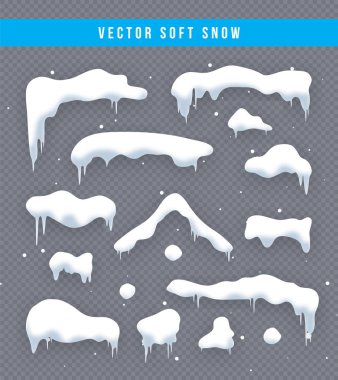 Kar kapaklar, kartopu ve snowdrifts ayarlayın. Kar cap vektör toplama. Kış dekorasyon öğesi. Karlı öğeleri kış arka plan üzerinde. Çizgi film şablonu. Kar yağışı ve hareketli kar taneleri. İllüstrasyon.