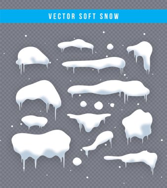 Kar kapaklar, kartopu ve snowdrifts ayarlayın. Kar cap vektör toplama. Kış dekorasyon öğesi. Karlı öğeleri kış arka plan üzerinde. Çizgi film şablonu. Kar yağışı ve hareketli kar taneleri. İllüstrasyon.