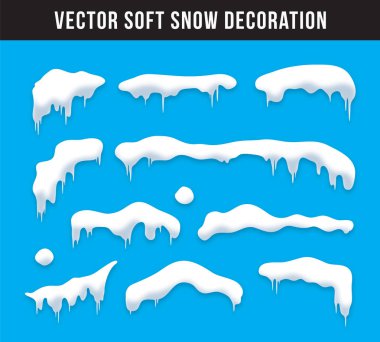 Kar kapaklar, kartopu ve snowdrifts ayarlayın. Kar cap vektör toplama. Kış dekorasyon öğesi. Karlı öğeleri kış arka plan üzerinde. Çizgi film şablonu. Kar yağışı ve hareketli kar taneleri. İllüstrasyon.