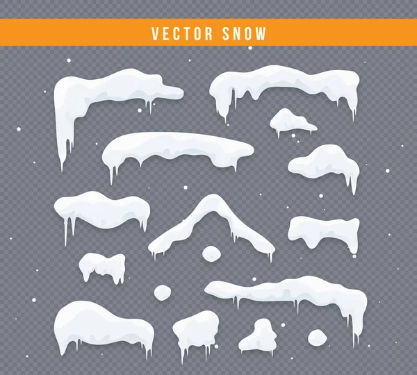 Kar kapaklar, kartopu ve snowdrifts ayarlayın. Kar cap vektör toplama. Kış dekorasyon öğesi. Karlı öğeleri kış arka plan üzerinde. Çizgi film şablonu. Kar yağışı ve hareketli kar taneleri. İllüstrasyon.