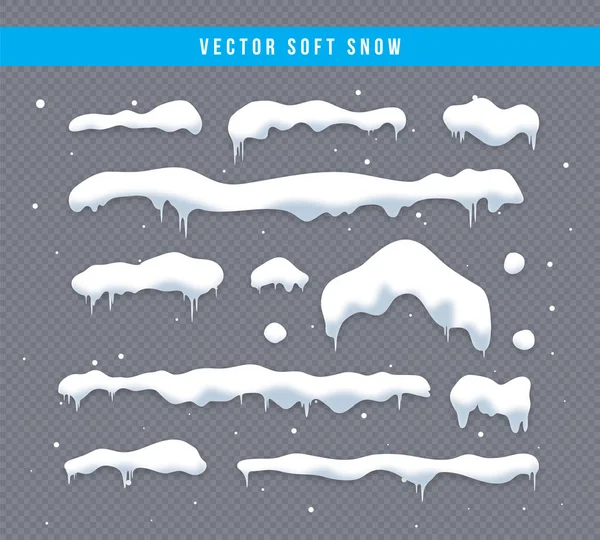 Kar kapaklar, kartopu ve snowdrifts ayarlayın. Kar cap vektör toplama. Kış dekorasyon öğesi. Karlı öğeleri kış arka plan üzerinde. Çizgi film şablonu. Kar yağışı ve hareketli kar taneleri. İllüstrasyon.
