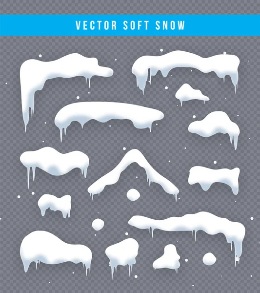 Kar kapaklar, kartopu ve snowdrifts ayarlayın. Kar cap vektör toplama. Kış dekorasyon öğesi. Karlı öğeleri kış arka plan üzerinde. Çizgi film şablonu. Kar yağışı ve hareketli kar taneleri. İllüstrasyon.