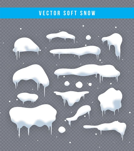 Kar kapaklar, kartopu ve snowdrifts ayarlayın. Kar cap vektör toplama. Kış dekorasyon öğesi. Karlı öğeleri kış arka plan üzerinde. Çizgi film şablonu. Kar yağışı ve hareketli kar taneleri. İllüstrasyon.