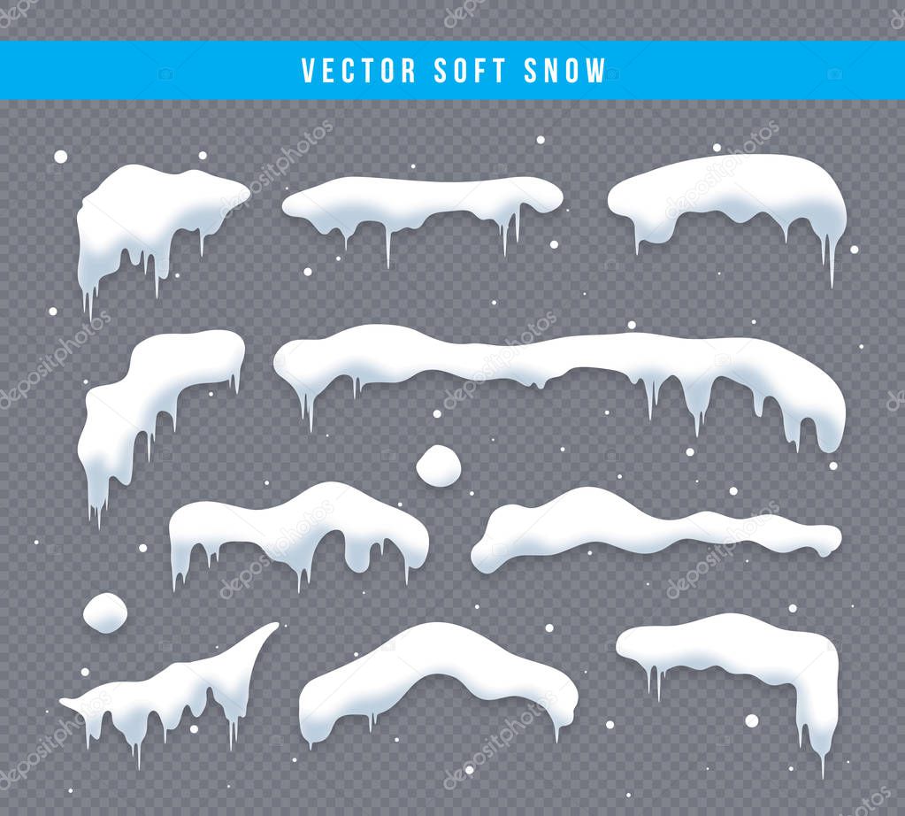 Snow caps, snowballs and snowdrifts set. Snow cap vector collection. Winter decoration element. Snowy elements on winter background. Cartoon template. Snowfall and snowflakes in motion. Illustration.