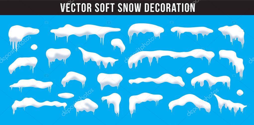 Snow caps, snowballs and snowdrifts set. Snow cap vector collection. Winter decoration element. Snowy elements on winter background. Cartoon template. Snowfall and snowflakes in motion. Illustration.