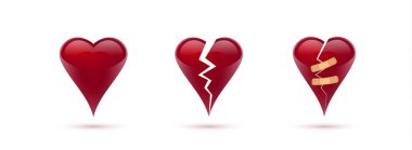 Kırık kalpler vektör kümesi 3d gerçekçi simgeler ve semboller. Beyaz arka planda izole. Vektör çizim