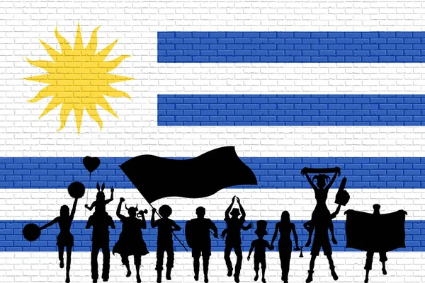 Silhouette Del Tifoso Uruguaiano Davanti Muro Mattoni Con Bandiera Uruguay — Vettoriale Stock