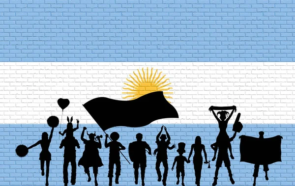 アルゼンチンの旗でレンガの壁の前にアルゼンチン サポーター シルエット 異なるレイヤーのすべてのオブジェクト シルエットとレンガの壁が — ストックベクタ