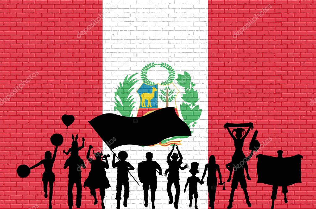 Peruvian supporter silhouette in front of brick wall with Peru flag. All the objects, silhouettes and the brick wall are in different layers. 
