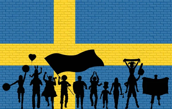 Svensk Supporter Siluett Framför Tegelvägg Med Sverige Flagga Alla Objekt — Stock vektor
