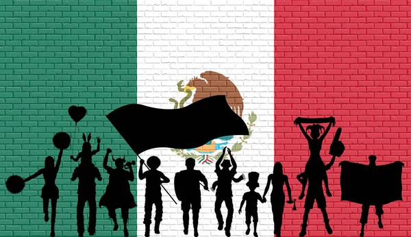 Silueta Partidario Mexicano Frente Pared Ladrillo Con Bandera México Todos — Vector de stock