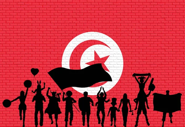 Tunéziai Támogatója Silhouette Téglafal Tunézia Zászló Előtt Objektumok Sziluettek Téglafal — Stock Vector