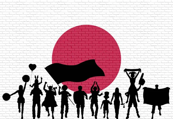 Silhueta Apoiante Japonês Frente Parede Tijolo Com Bandeira Japão Todos — Vetor de Stock