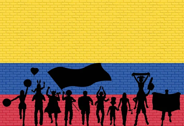 コロンビアの国旗でレンガの壁の前にコロンビア サポーター シルエット 異なるレイヤーのすべてのオブジェクト シルエットとレンガの壁が — ストックベクタ