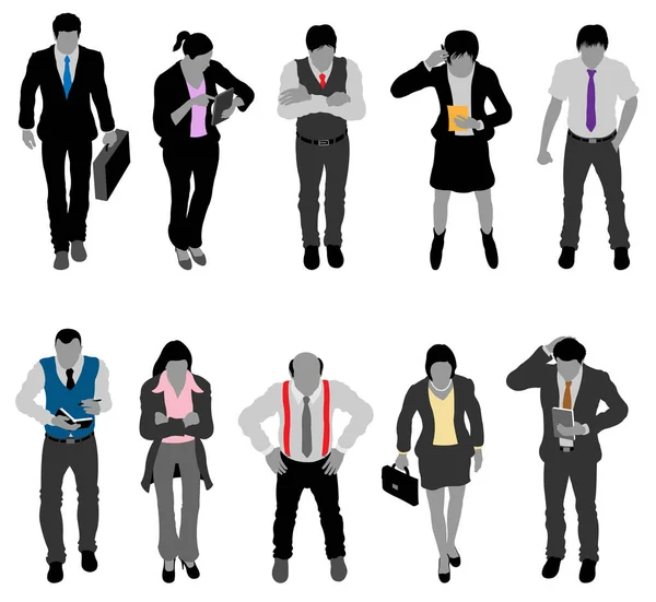 Siluetas Hombre Negocios Mujer Negocios Con Accesorios Coloridos Únicos Todos — Vector de stock