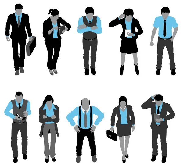 Siluetas Hombre Negocios Mujer Negocios Con Camisas Color Azul Claro — Vector de stock